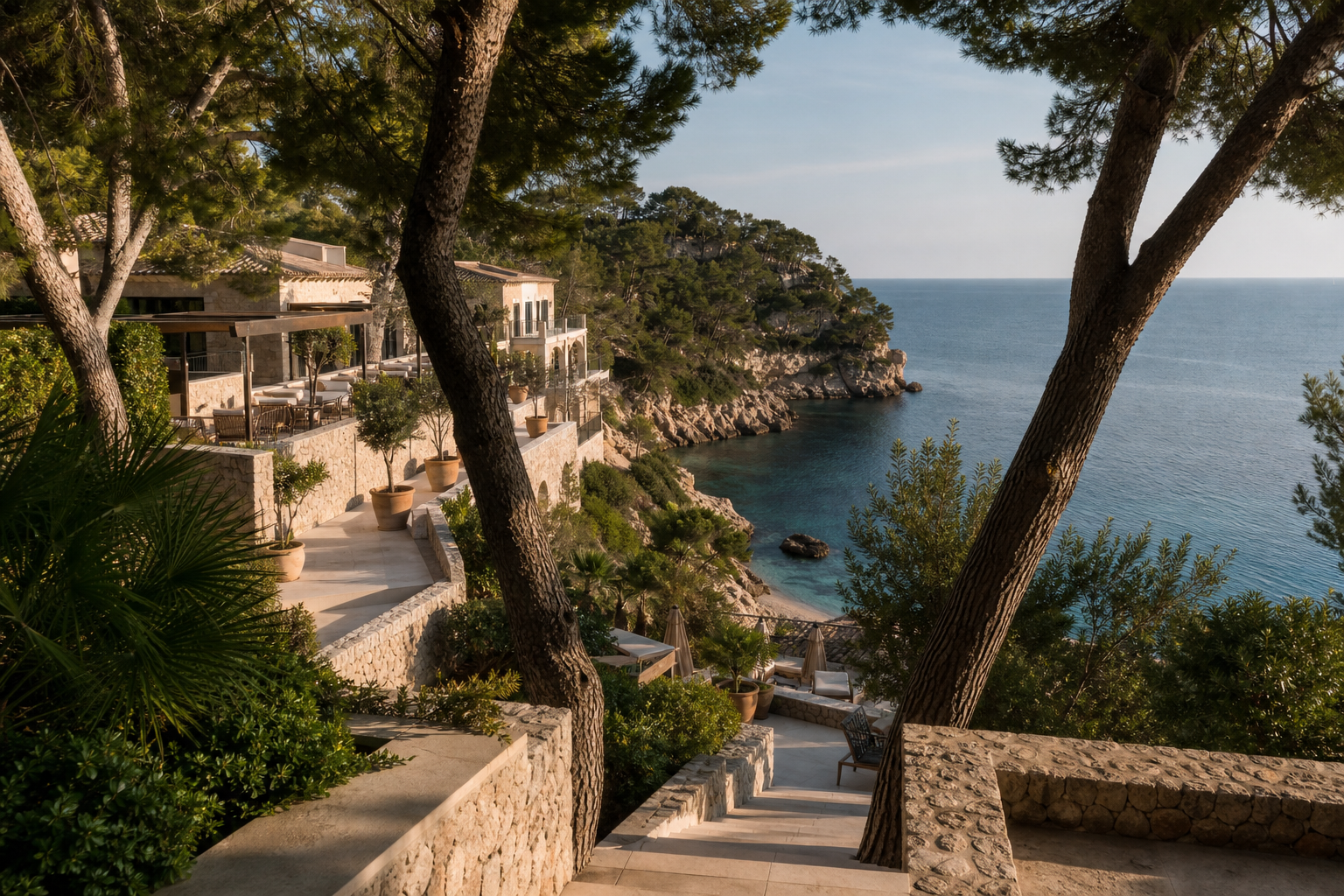 Mediterranes Erwachsenenhotel über einer ruhigen Bucht auf Mallorca