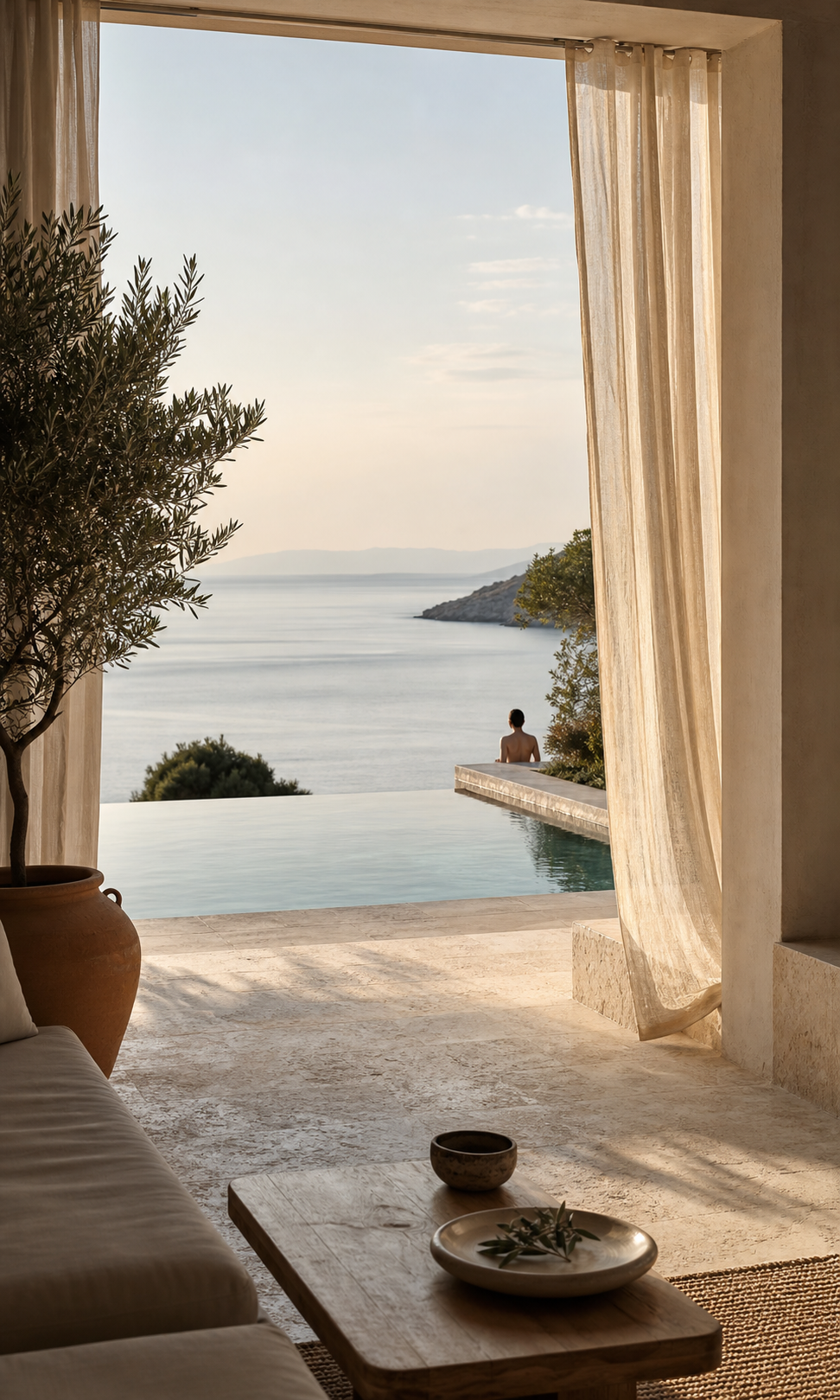 Mediterranes Erwachsenenhotel mit Infinitypool und ruhigem Meerblick im warmen Morgenlicht