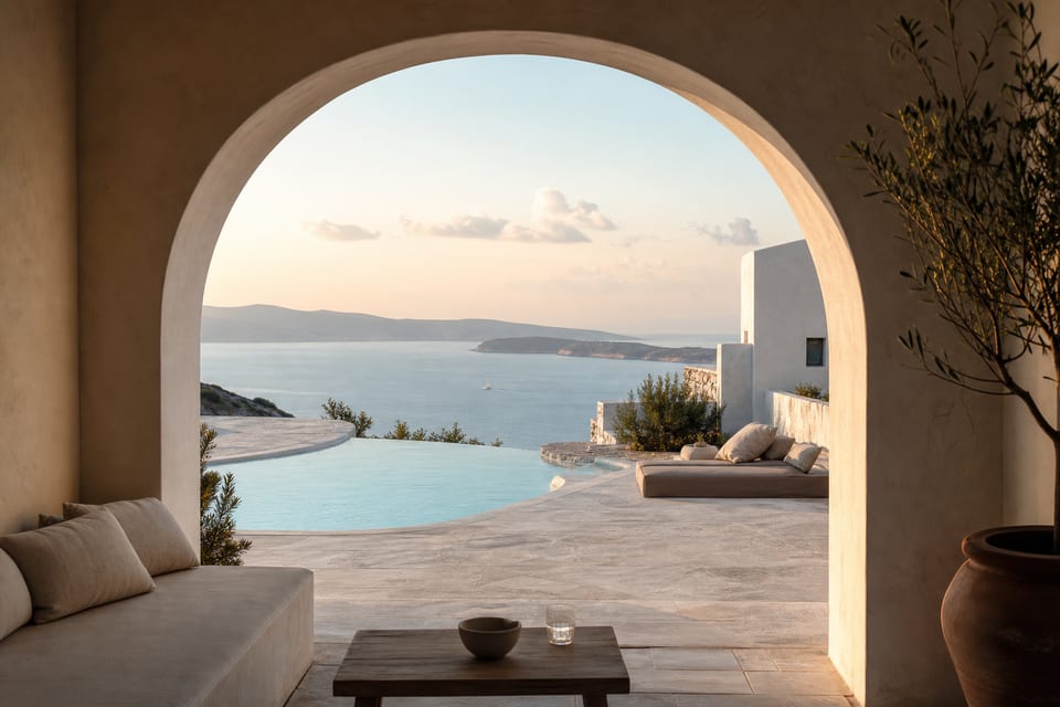 Helle griechische Hotelarchitektur mit Pool und Blick auf die Ägäis